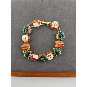 Gold Tone Enamel Slide Christmas Charm Bracelet Santa Wreath Gift Tree Green Red